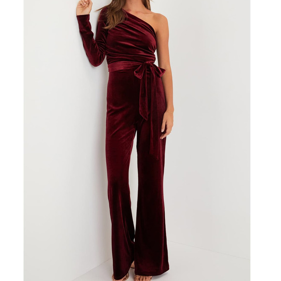 LULU'S SZ M Extraordinary Vibe Burgundy Velvet One-Shoulder Jumpsuit NEW b24 - Picture 1 of 10